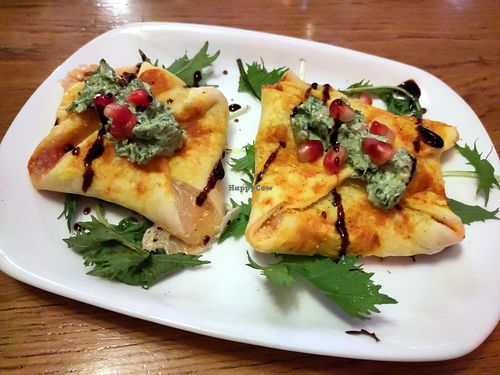 Feuilletés with plantain, feta, tomato and arugula pesto at L'Embuscade in Paris