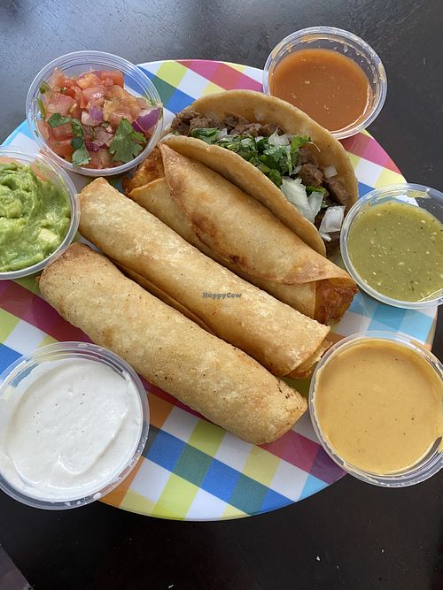 Tacos taquitos, and sauces. at Chicana Vegana in Fullerton