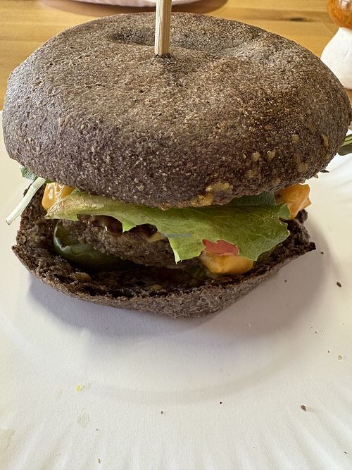 Vegan impossible burger with gluten free bun  at Mystic Coffee in Hollywood
