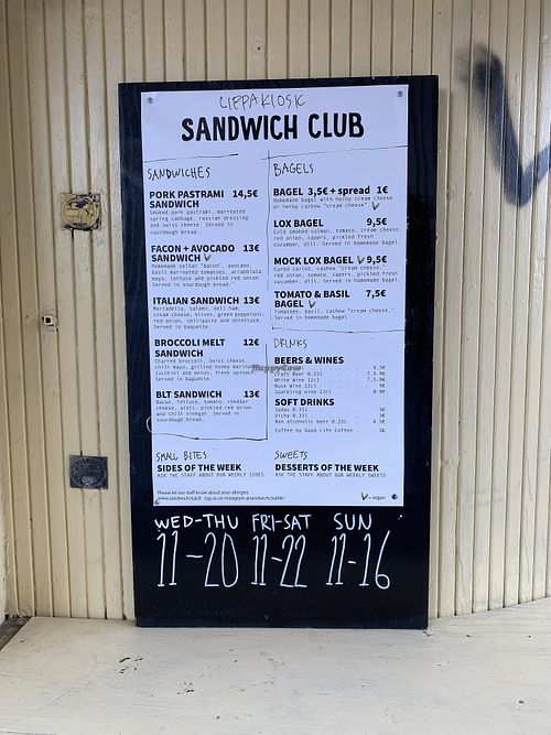 Menu at Sandwich Club - Hietalahdenranta in Helsinki