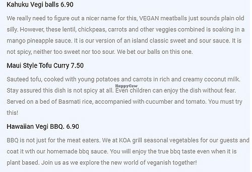 vegan menu at KOA Bistro & Bar in Ljubljana