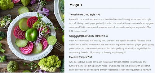 vegan menu at KOA Bistro & Bar in Ljubljana