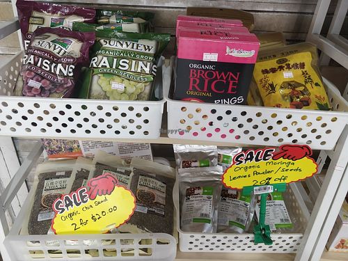 Raisins, brown rice rings, organic chia #, moringa leaves at Organic & Nature in West Singapore