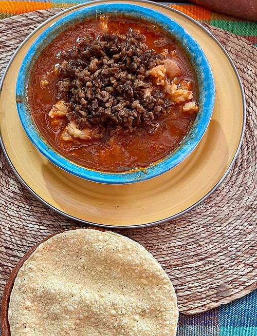Pozole (before fresh garnishes were added) at Frida in Ajijic