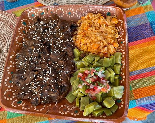 Mushroom mole w nopales & rice at Frida in Ajijic