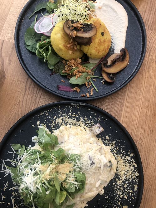 potato patties and smoked tofu spaghetti  at Kringel in Tallinn