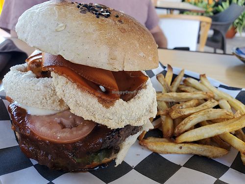 BBQ burger with carrot bacon at Vegan Inc in Puerto Vallarta