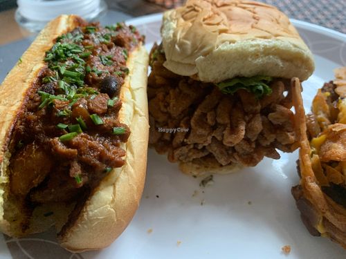Chili cheese dog and crispy fungy burger  at PLNT Burger in Columbia
