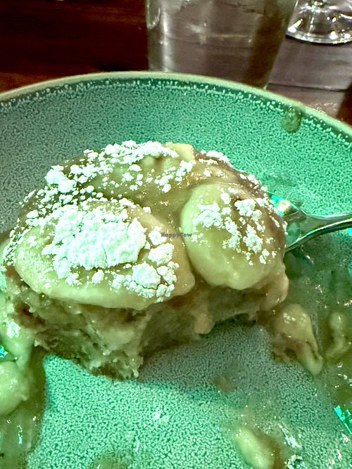 Banana bread pudding (half eaten)  at TLC Vegan Kitchen in Richardson