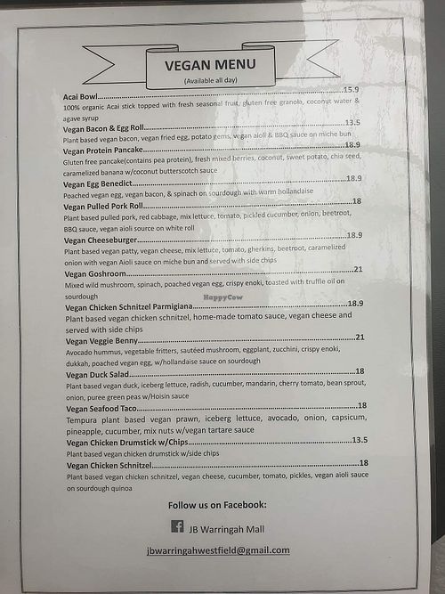 Jamaica Blue Vegan Menu at Jamaica Blue in Brookvale