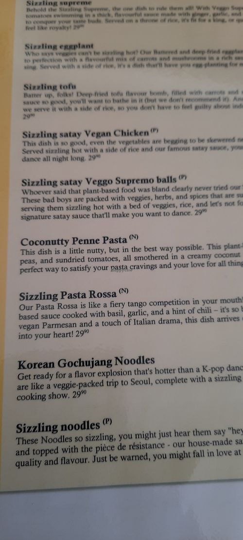 Entrees menu at Veggo Sizzle in Five Dock