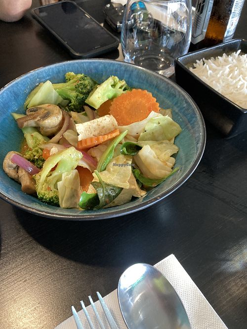Chilli and basil mixed veg and tofu with rice   at Veggo Sizzle in Five Dock
