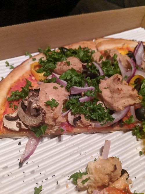 The Works pizza - no meat, and with vegan cheese at Native Pizza in Ventura