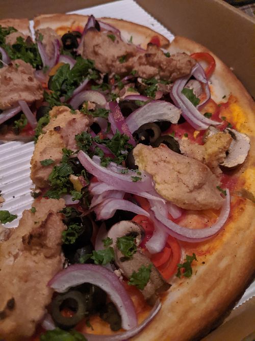 The Works pizza - no meat, and with vegan cheese at Native Pizza in Ventura