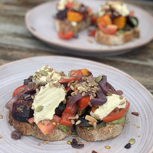 Toast with roasted veggies, pesto and vegan cheese at The Meeniyan Store in Meeniyan