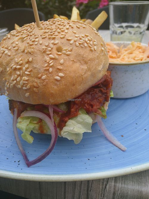 Vegan pulled Jack Burger with Fries and coleslaw. at Restaurant Aal Eechternoach in Echternach