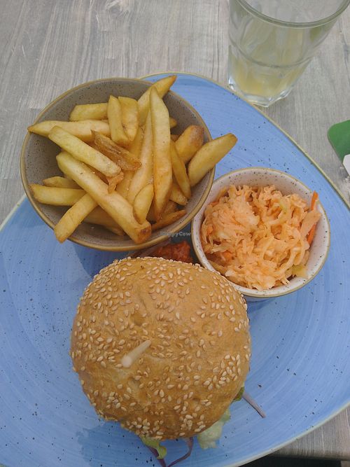 Vegan pulled Jack Burger with Fries and coleslaw. at Restaurant Aal Eechternoach in Echternach