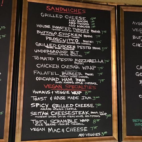 Vegan section menu at The Underground Bakery in Dennis