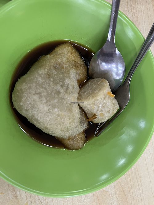 Pempek- sago flour with very chewy texture . Left has egg filling. Super starchy!  at Ariya Maitreya Restaurant 彌勒佛素食館 in Batam