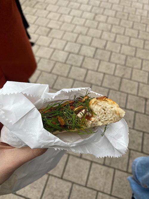 savory bun with some dried tomato, sunflower seeds and dill at Masz Babo Placek in Poznan