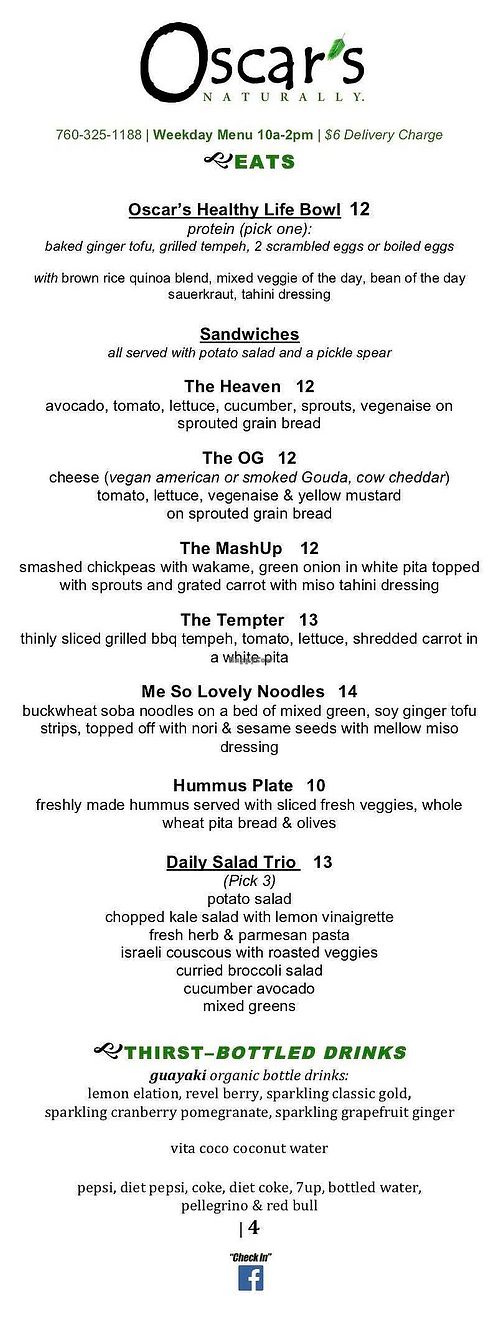 Their vegetarian & vegan menu. at Oscar's in Palm Springs