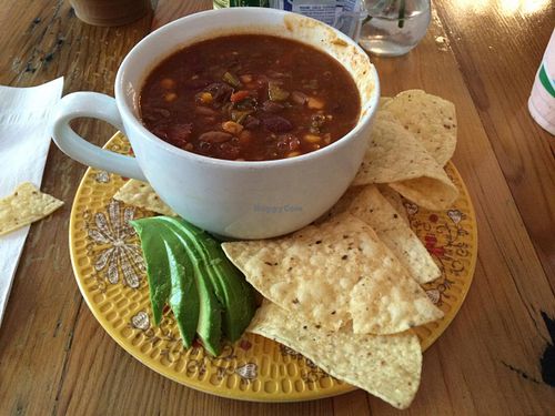 'Bowl' of vegetable chili with an added side of avocado. at Field of Greens in West Palm Beach