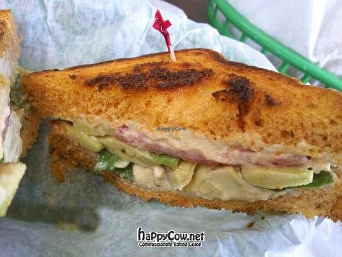 Make Your Own.  I asked if they could make me a grilled hummus, tomato, artichoke and avocado sandwich.  Here it is on tomato bread...delicious! at Valpo Velvet in Valparaiso