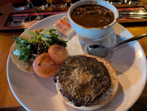 Portobello on gluten free bun with vegan chili at Fitger's Brewhouse Brewery and Grille in Duluth