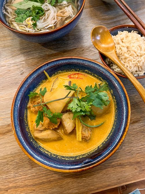 Curious curry with rice ($9.80):
Rating: 8/10
The curry was tangy and light. Flavours of the tangy Thai red curry definitely came through with the Thai fresh herbs. Overall, it w at The Kind Bowl - Somerset in Central Singapore