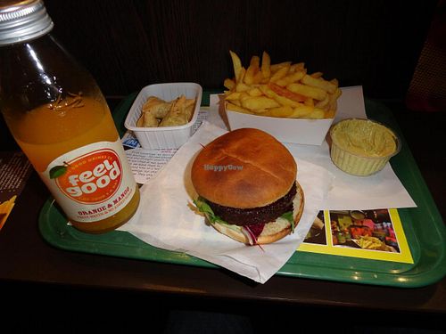 Vegan burger of the month, fries, vegan samossas and curry veganaise at Royal Frituur in Bruges