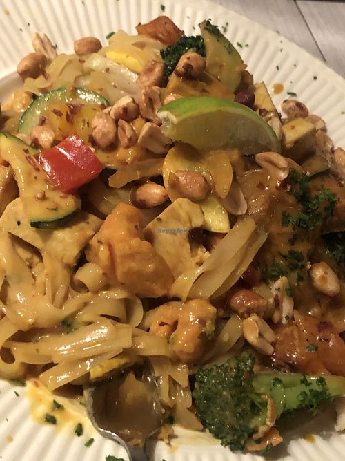 Sweet potato with, veggies, tofu, rice noodles and Thai peanut sauce.   at Purple Chopstix in Athens
