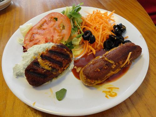 Vegan sausages and salad at Gopal - Vegan Deli in Barcelona