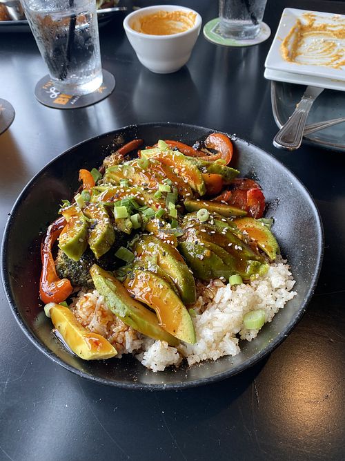 Katsu bowl with fresh avocado sub for chicken  at Tamarack Tap Room in Woodbury