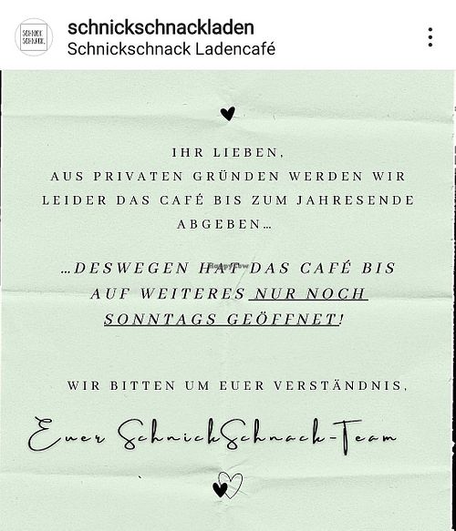 They are closing the café at the end of the year and are only open on Sundays for now. at Schnickschnack in Munich