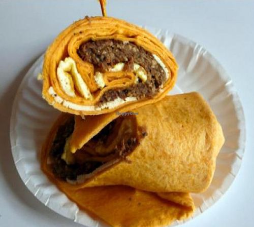 vegan egg and sausage: tofu egg, vegan homemade sausage and vegan cheese by steve at Yorgo's Bageldashery in Norfolk