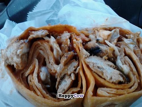 Vegan BBQ Chicken and cold slaw in a sundried tomato wrap! real delicious at Yorgo's Bageldashery in Norfolk