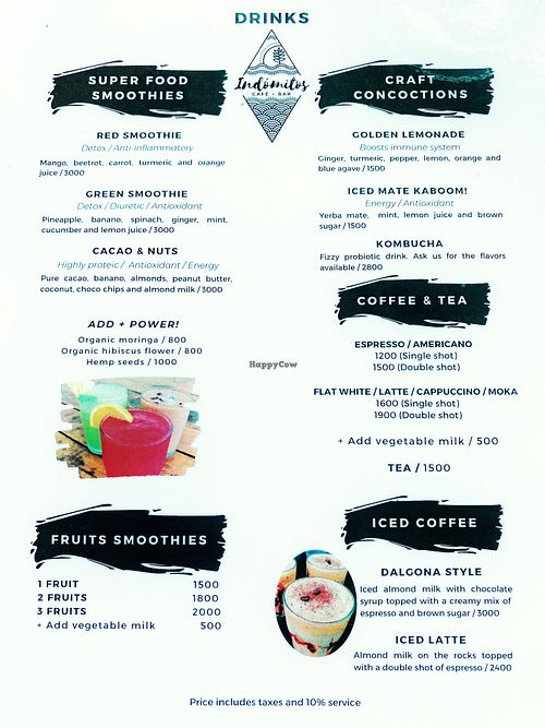 Drink Menu at Indómitos Café & Bar in Uvita