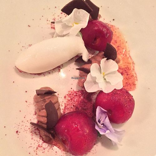 lemon verbena sorbet with stewed cherries and chocolate at Chez Nico in Innsbruck