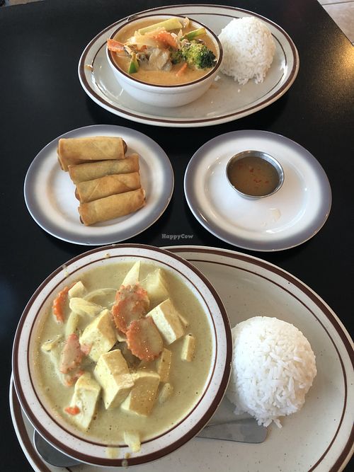 Vegan spring rolls, pineapple red curry with veggies, yellow curry with tofu  at Asian Twist in Coeur D Alene