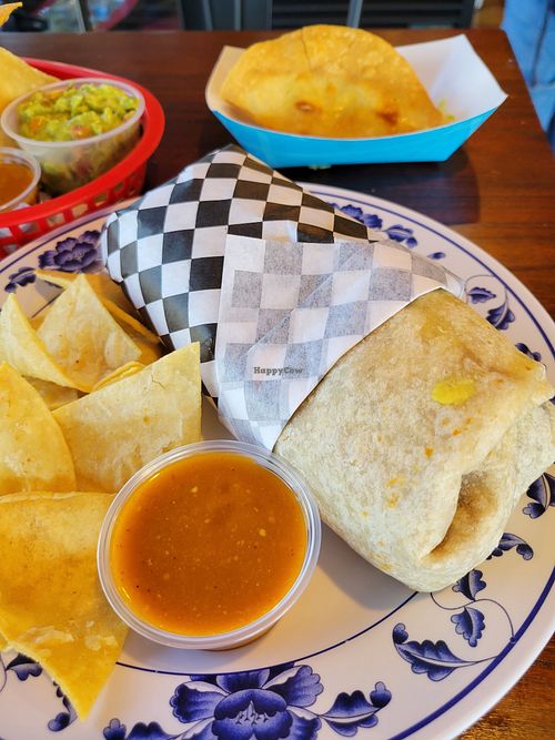 Hibiscus burrito decent size for $15 but hibiscus meat was a little salty at Vegan by El Zamorano in Costa Mesa