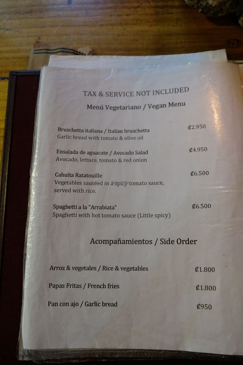 Vegan Menu at Sobre Las Olas in Cahuita