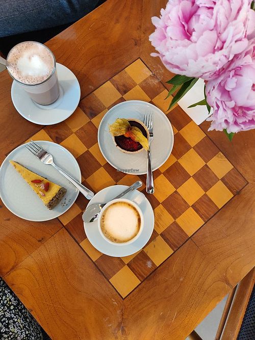 Vegan cheesecake, chocolate muffin, cocoa and grain coffee at NUZ in Linz