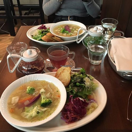 Vegetable soup with soy cheese bread and salad at Green Italian TORCIA - Shinjuku in Tokyo