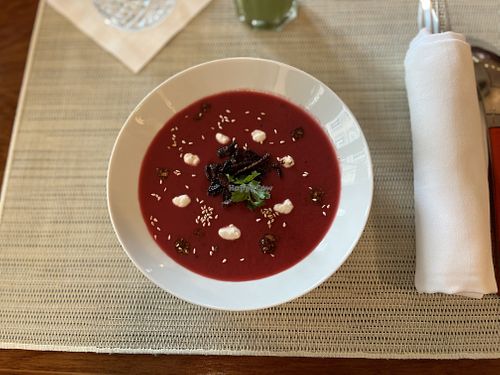 beetroot and apple soup  at Yogi Booster in Lausanne