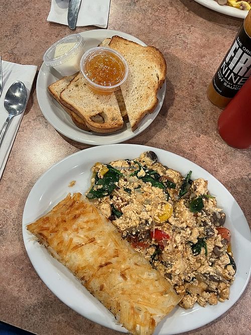 Tofu scramble and sour dough toast (with vegan butter)   at Nancy's Café in Auburn
