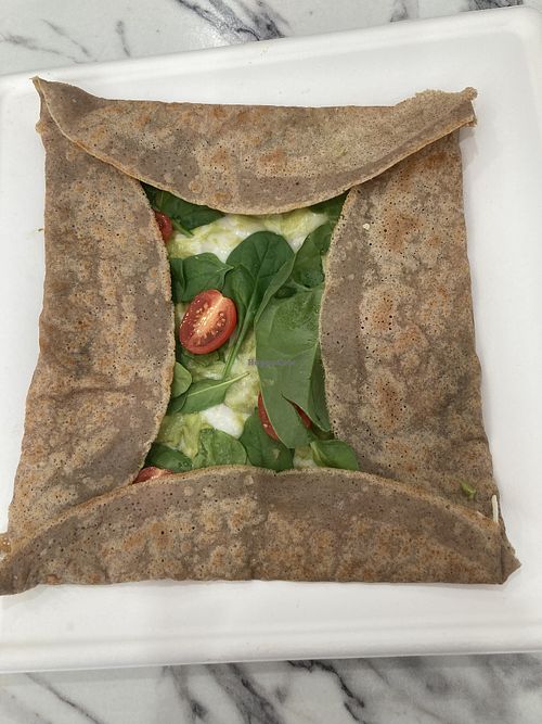 Tomato spinach and (vegan) cheese crepe  at Froglanders in Carlsbad