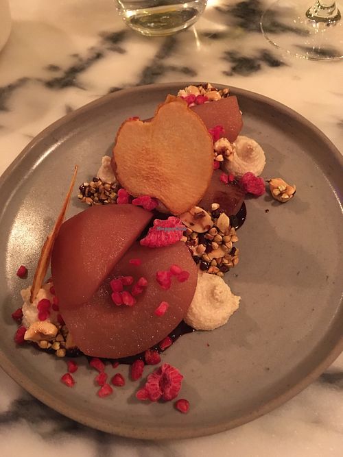 Dessert : poached pear, chocolate, buckwheat, raspberries at Senhor Uva in Lisbon