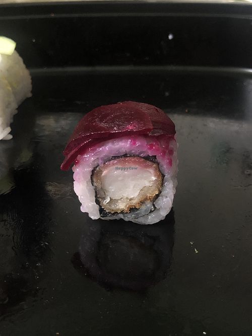 Red dragon roll, shrimp, cream cheese and beetroot at Geisha House in Birmingham