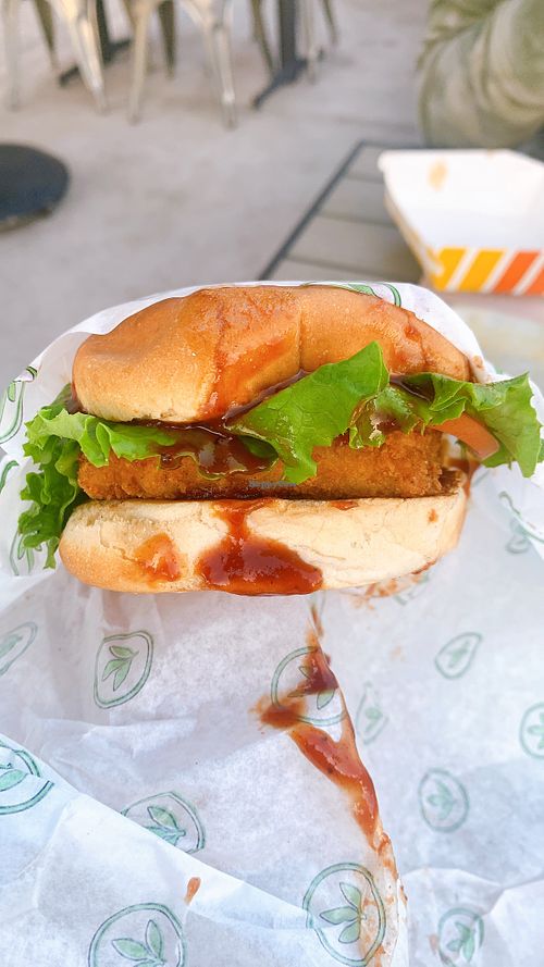 Fish Filet Sandwich (with BBQ sauce instead of  tartar)   at Plant Power Fast Food - Brookhurst in Fountain Valley