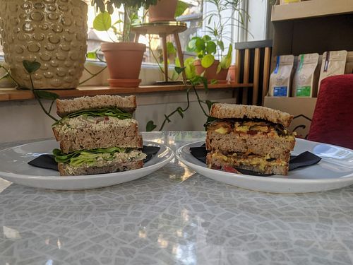 Poznań's gzik (cottage cheese) made of tofu and grilled veg and guacamole sandwich. at Bez Chabasu in Poznan